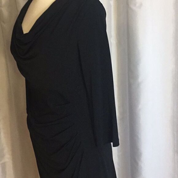 Black 3/4 sleeve dress w/ cowl neck, side pleats - Picture 11 of 12